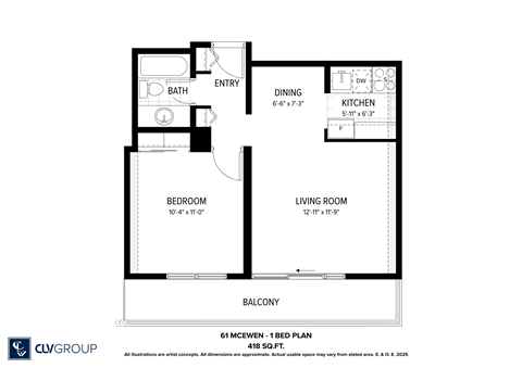 Floor plan for 1 bed, 1 bath, 1 sqft